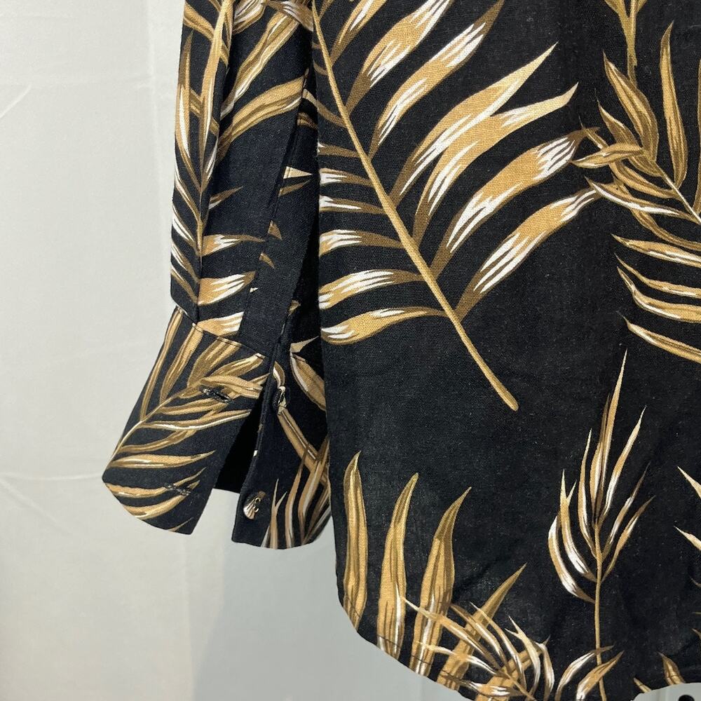 JOIE XL Leaf Print Button Up Long Sleeve Tunic Shirt Linen Blend Black Brown - Picture 8 of 11